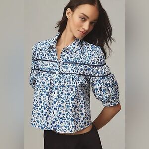 Maeve Anthropologie 100% Cotton Boho Cottagecore Blue White Blouse Size Large